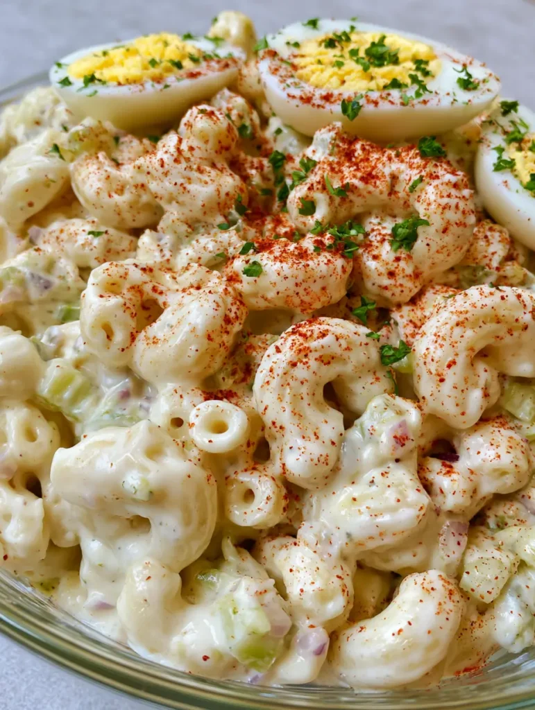 Overhead view of Southern macaroni salad topped with bright yellow egg slices and paprika.