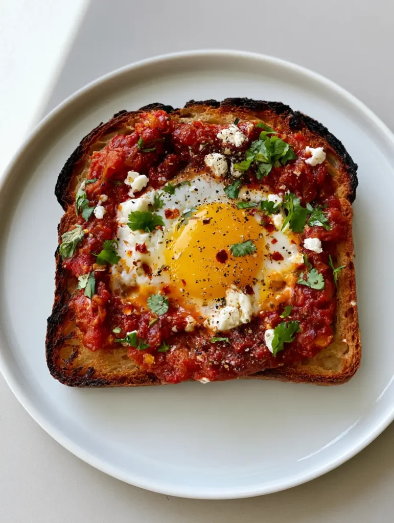 A single slice of charred sourdough Shakshouka Toast garnished with white feta crumbles and green cilantro. (Shakshouka Toast)