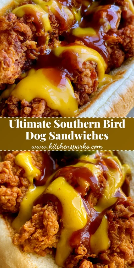 South Carolina Bird Dog Sandwiches: The Crispiest Southern Classic 4 A close-up of a South Carolina Bird Dog Sandwich with crispy fried chicken, honey mustard, BBQ sauce, and pickles on a toasted hoagie roll.