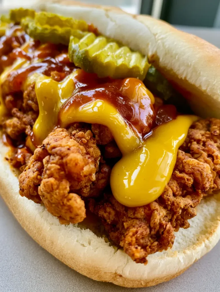 South Carolina Bird Dog Sandwiches: The Crispiest Southern Classic 1 A split-top white hoagie roll stuffed with two large golden-brown fried chicken tenders and crinkle-cut pickles. (South Carolina Bird Dog Sandwiches)