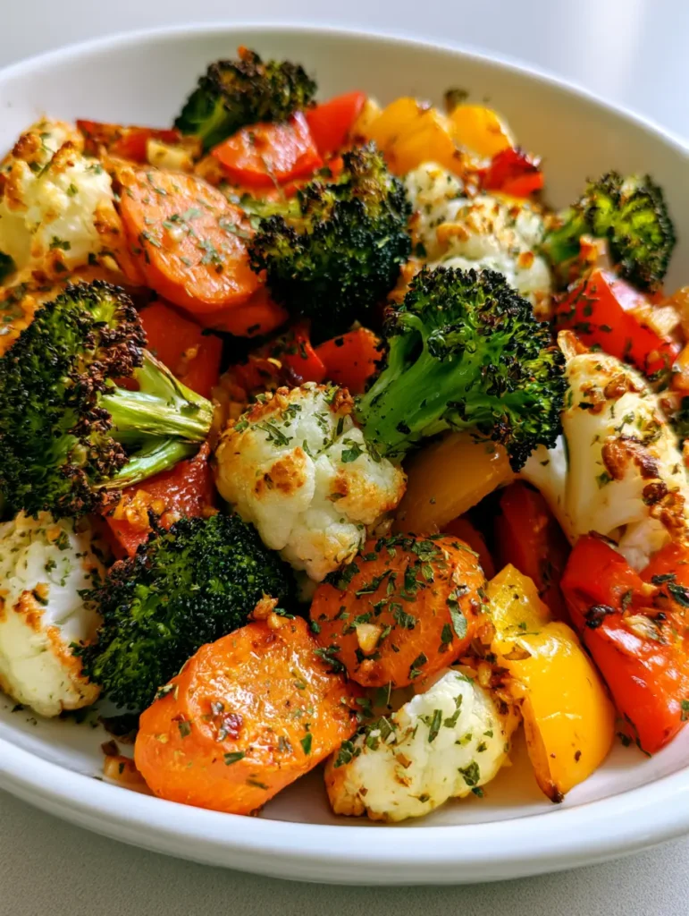 Garlic Roasted Vegetables With Charred Broccoli and Toasted Garlic 2 Oven-roasted broccoli, carrots, and peppers in a white dish, Garlic Roasted Vegetables.