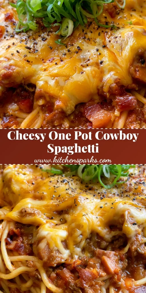Cowboy Spaghetti: The Ultimate One-Pot Hearty Meat Lover's Pasta 4 A handheld smartphone photo of one-pot Cowboy Spaghetti in a black skillet with melted cheddar, bacon, sausage, and green onions.