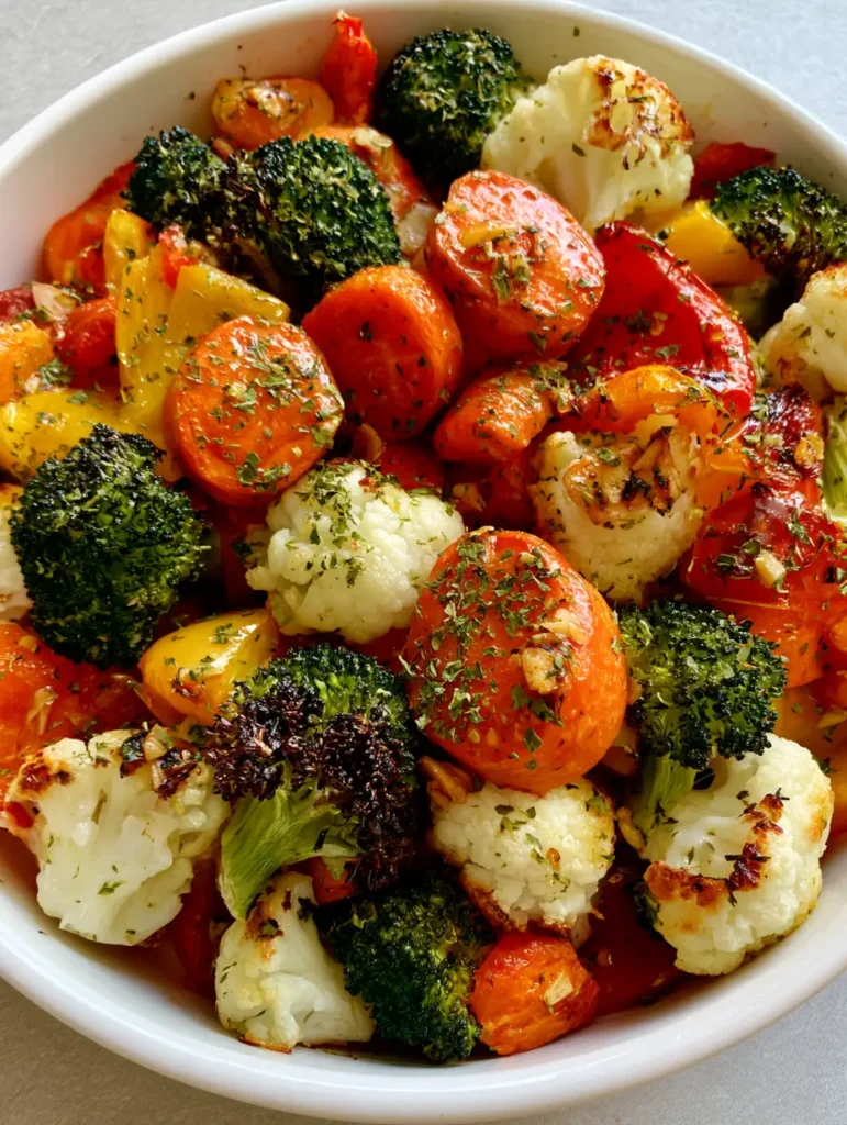 Garlic Roasted Vegetables With Charred Broccoli and Toasted Garlic 1 Close up of charred broccoli tips and toasted garlic flecks on Garlic Roasted Vegetables.