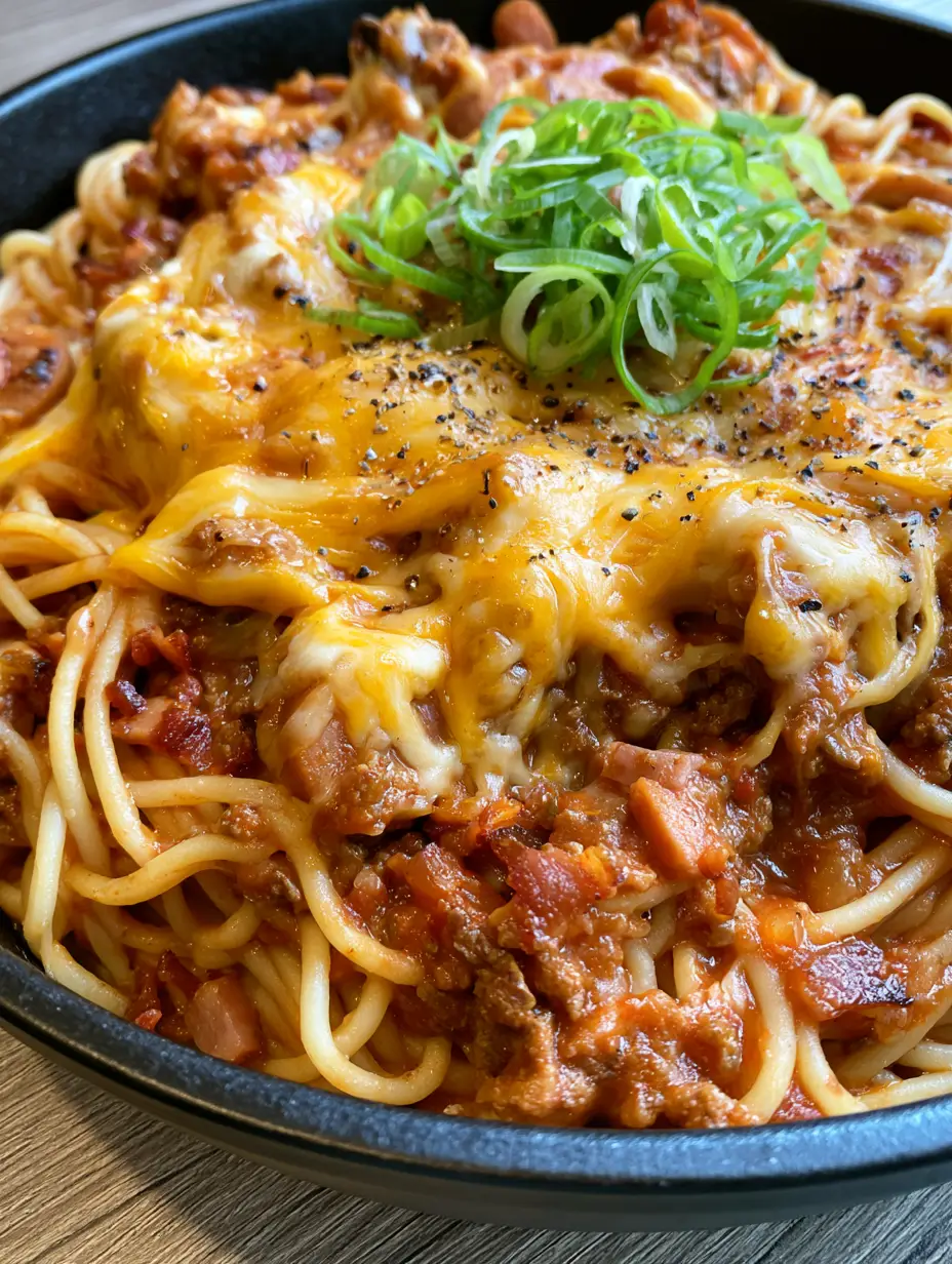 Cowboy Spaghetti: The Ultimate One-Pot Hearty Meat Lover's Pasta 3 Close-up of thick, chunky tomato meat sauce and spaghetti topped with golden melted cheese and green onions. (Cowboy Spaghetti)