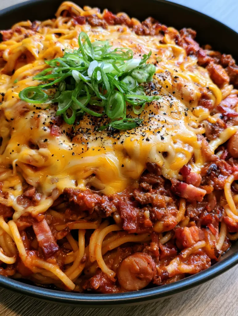 Cowboy Spaghetti: The Ultimate One-Pot Hearty Meat Lover's Pasta 1 Top-down view of Cowboy Spaghetti in a deep black skillet featuring sliced sausage and crispy bacon bits under melted cheese.