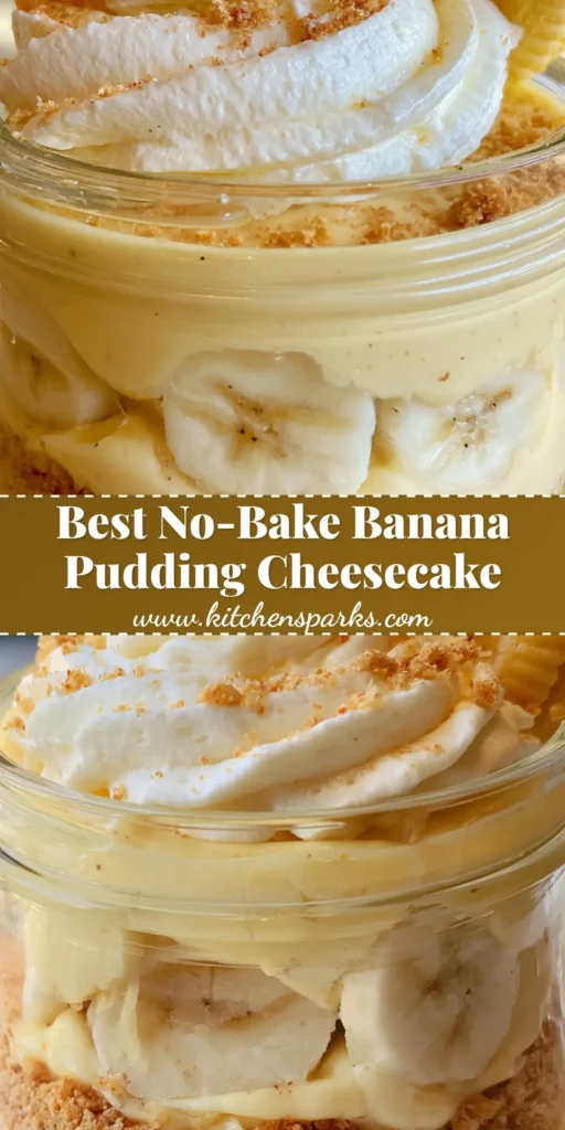 A close-up, smartphone-style photo of a layered No-Bake Banana Pudding Cheesecake in a clear glass jar with a vanilla wafer garnish.