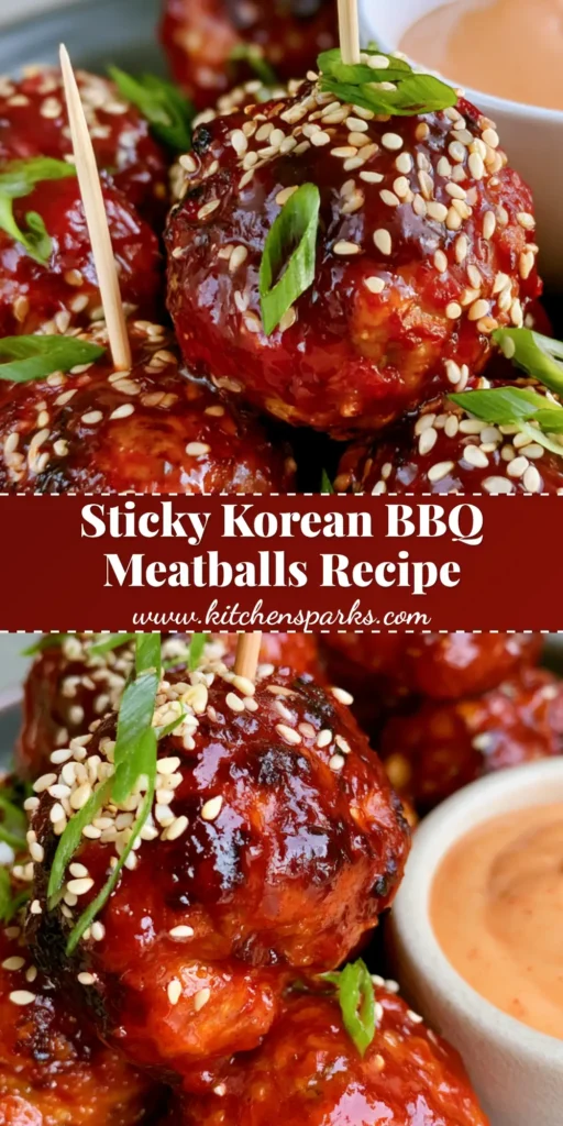 A close-up of Korean BBQ Meatballs on a dark plate, glistening with red glaze, topped with sesame seeds and green onions, served with a side of spicy mayo.