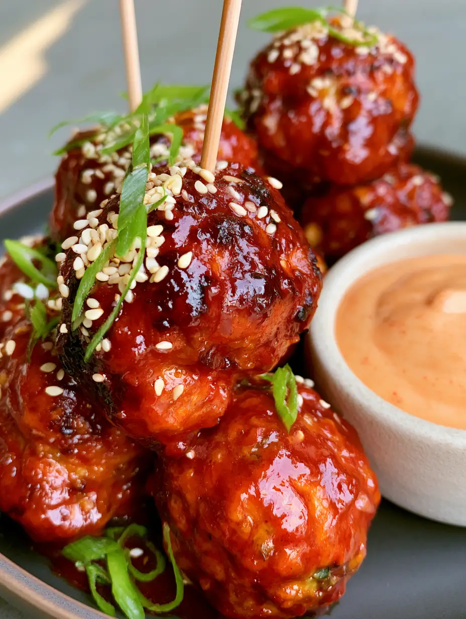 A handheld smartphone photo of glossy Korean BBQ Meatballs with cocktail picks, garnished with white sesame seeds and scallions.