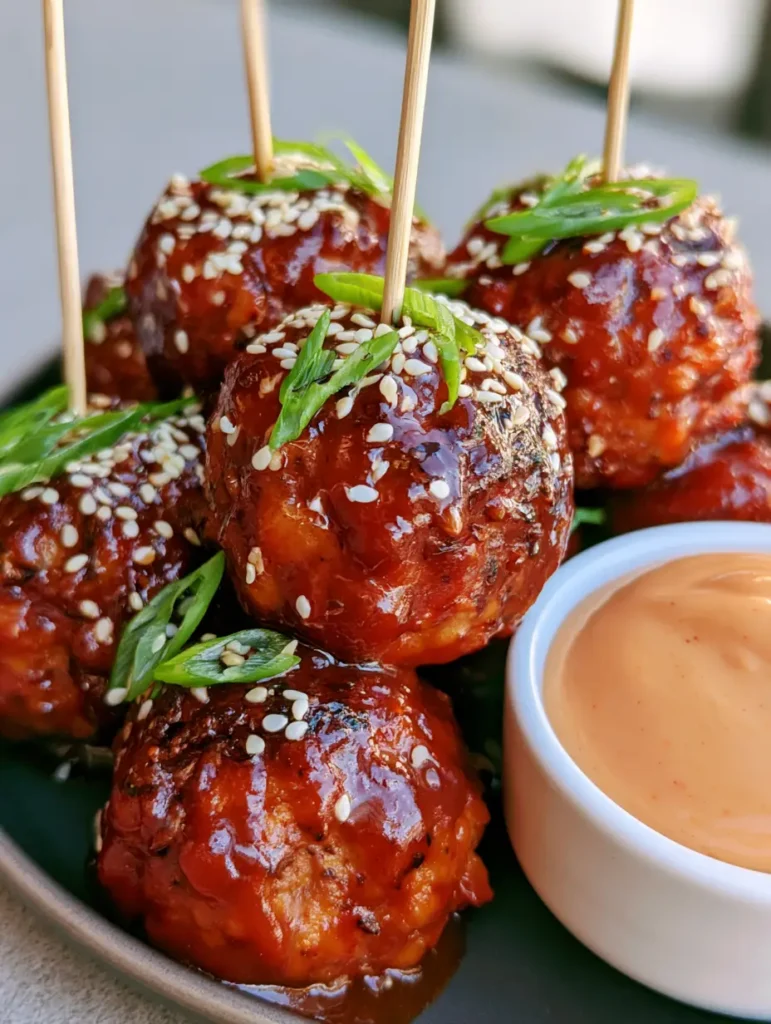 A side-angle shot of seared meatballs and a light orange spicy mayo dip in a white ceramic bowl.