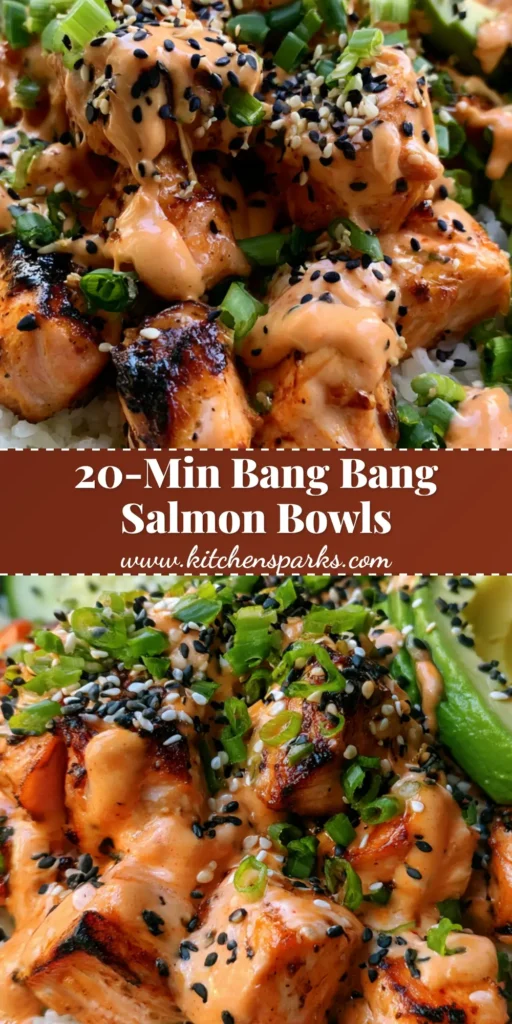 Bang Bang Salmon Rice Bowl: Crispy Seared Bites with Creamy Chili Glaze 4 A shallow ceramic bowl filled with fluffy white rice, topped with seared salmon cubes in orange sauce, sliced cucumbers, and avocado, garnished with sesame seeds and scallions. (Bang Bang Salmon Rice Bowl)