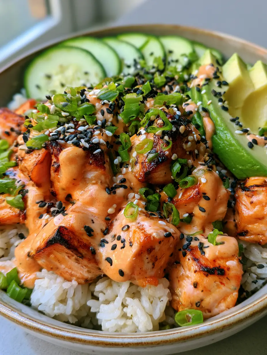 Bang Bang Salmon Rice Bowl: Crispy Seared Bites with Creamy Chili Glaze 3 Close-up of seared salmon cubes coated in a glossy orange-pink chili sauce on a bed of white rice. (Bang Bang Salmon Rice Bowl)