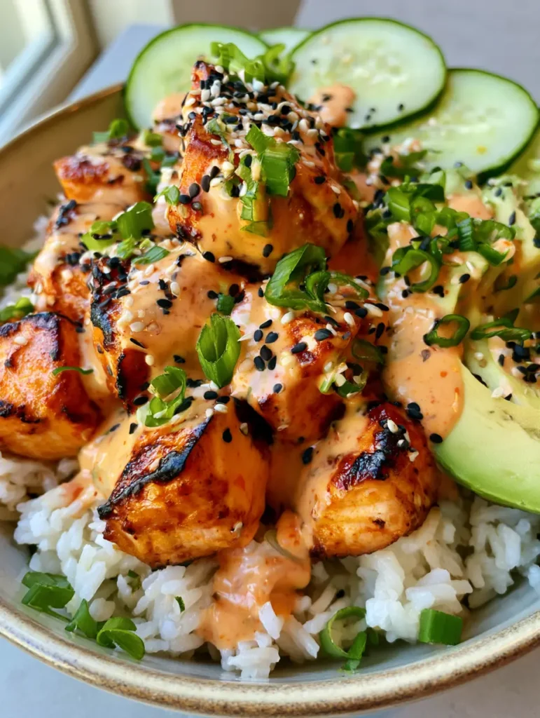 Bang Bang Salmon Rice Bowl: Crispy Seared Bites with Creamy Chili Glaze 1 Side view of the Bang Bang Salmon Rice Bowl showing the layers of avocado, cucumber, and sauce drizzle.