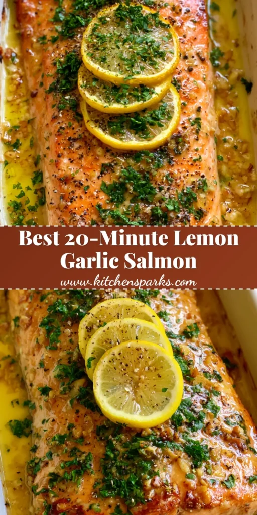 A close-up of Lemon Garlic Butter Salmon with caramelized edges, three lemon slices, and fresh parsley in a white dish.