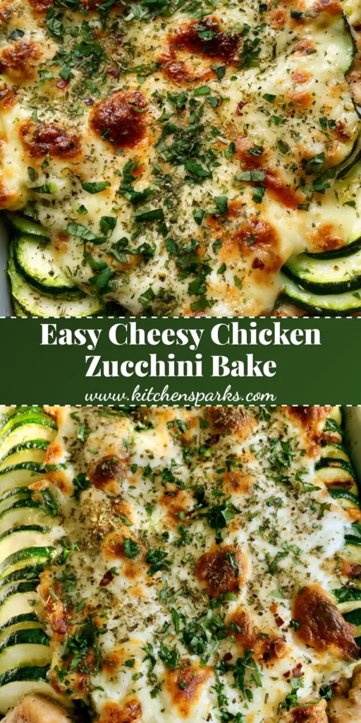 A top-down view of a Chicken Zucchini Bake in a white ceramic dish featuring golden seared chicken, shingled zucchini rounds, and bubbly toasted mozzarella garnished with fresh basil.