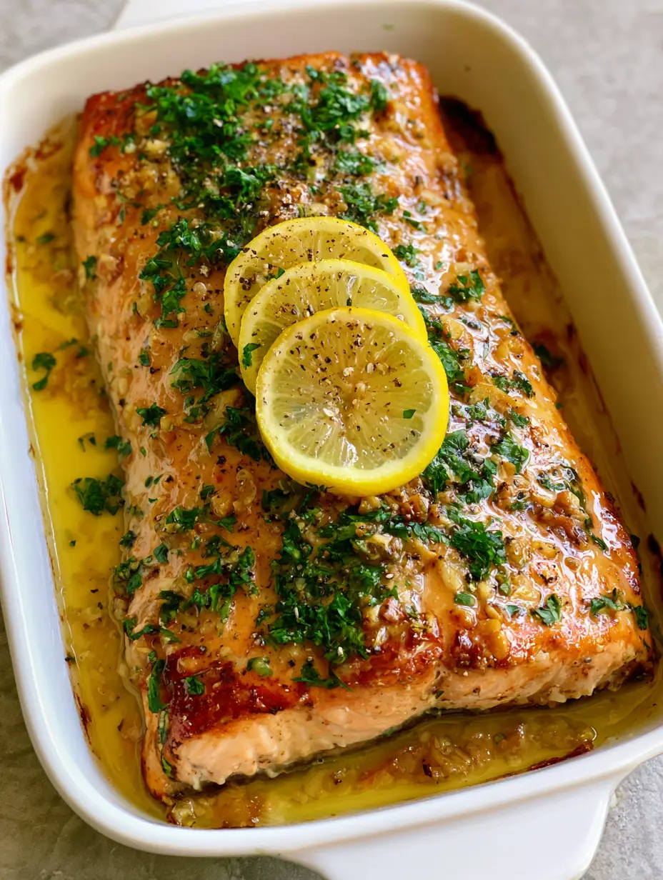 Smartphone photo of a thick baked salmon fillet with garlic butter sauce and lemon rounds. (Lemon Garlic Butter Salmon)