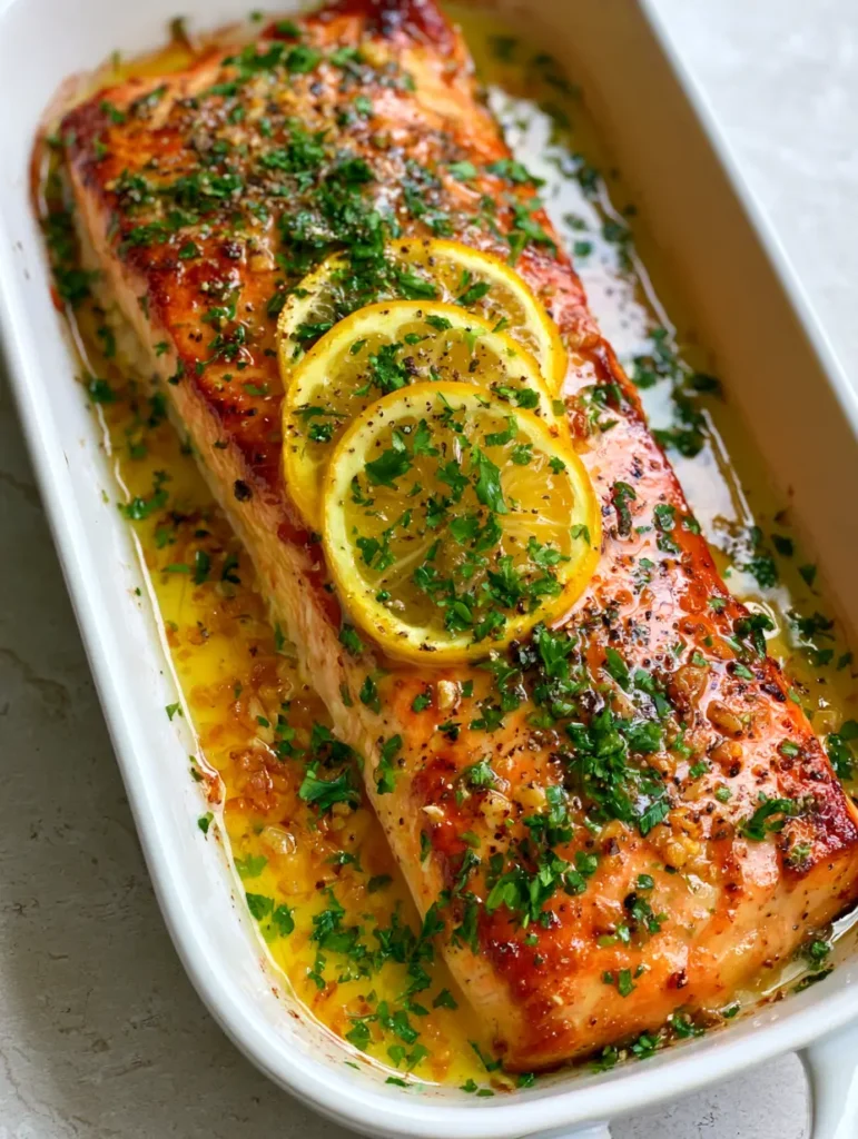 Overhead view of a large salmon fillet in a ceramic dish garnished with parsley and cracked pepper.