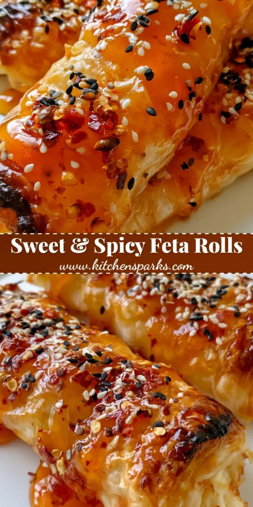 A close-up vertical shot of golden brown Chili Honey Feta Rolls drizzled with translucent red glaze and sesame seeds on a white plate.