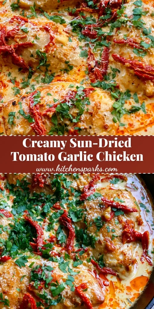 A close-up of Creamy Sun-Dried Tomato Garlic Chicken in a cast iron skillet, featuring golden chicken breasts, ivory sauce with red oil streaks, and green parsley garnish.