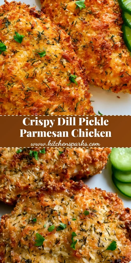 Close-up of golden-brown Dill Pickle Parmesan Chicken on a white plate with three pickle slices.