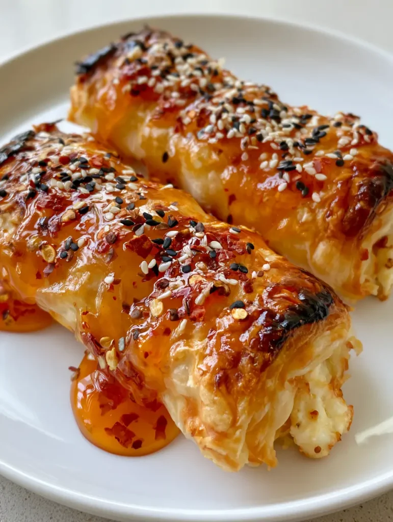 Handheld smartphone photo of golden brown baked feta rolls on a plain white plate with translucent orange-red chili honey glaze. (Chili Honey Feta Rolls)