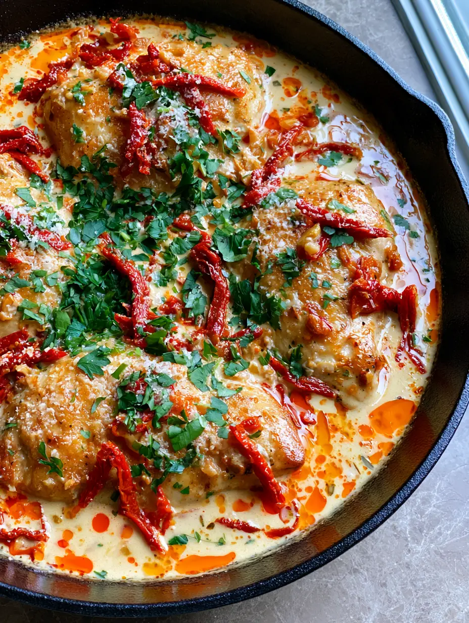 Top-down view of four golden-brown seared chicken breasts in a thick ivory cream sauce with julienned sun-dried tomatoes and minced garlic in a cast iron pan.