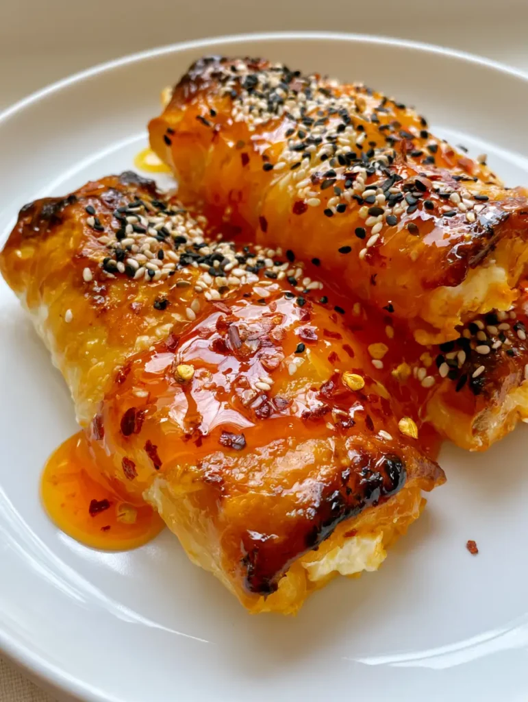 Close up of melted white feta cheese peeking out from the ends of flaky phyllo wraps. (Chili Honey Feta Rolls)
