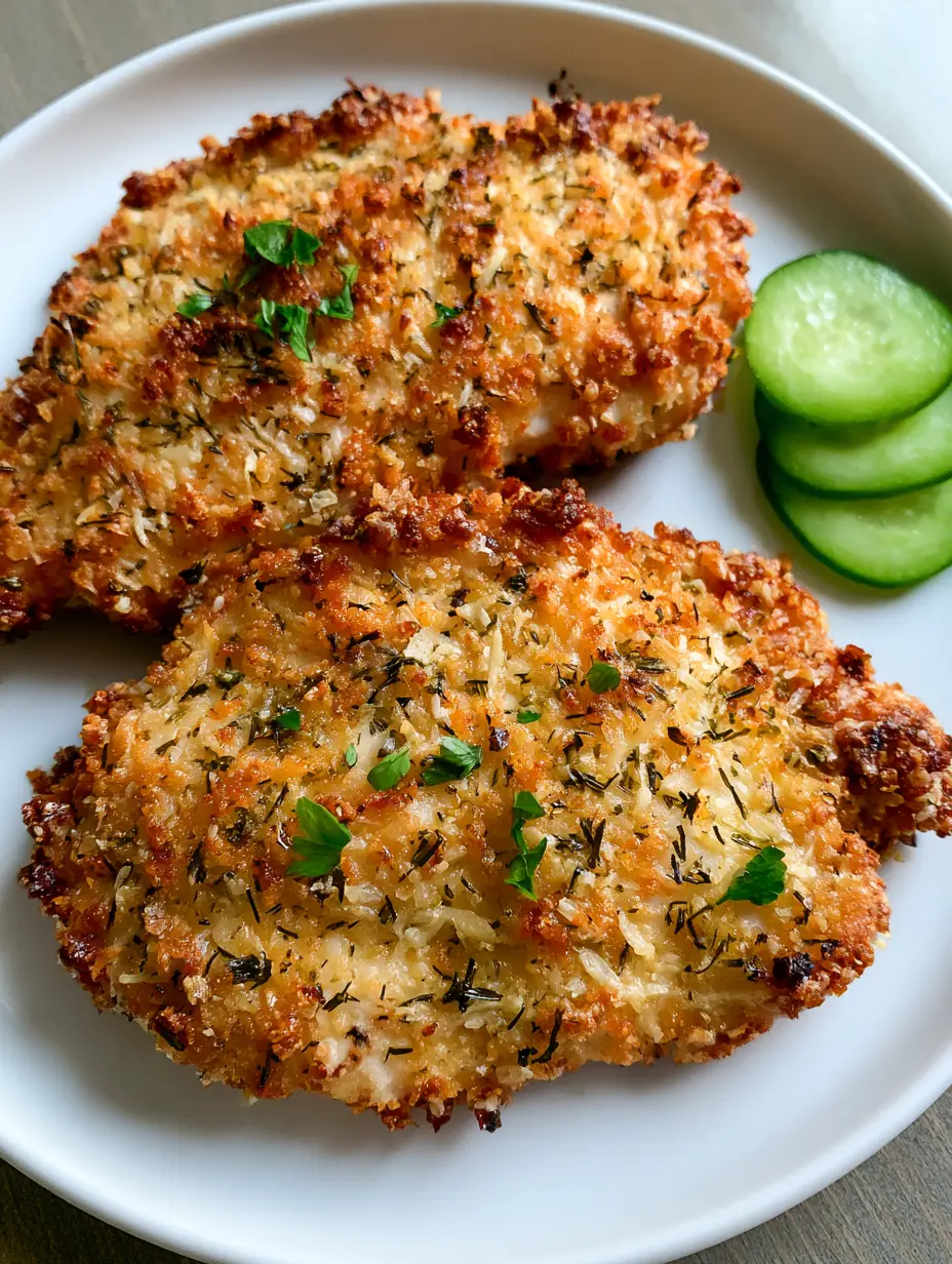 Top-down shot of two golden-brown breaded Dill Pickle Parmesan Chicken breasts on a white ceramic plate.