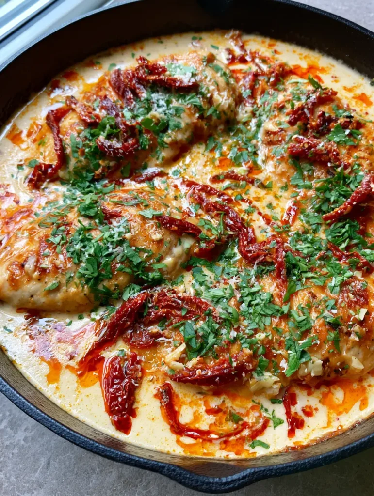 Detailed close-up of Creamy Sun-Dried Tomato Garlic Chicken showing the glossy sauce, orange-red oil streaks, and heavy parsley garnish.