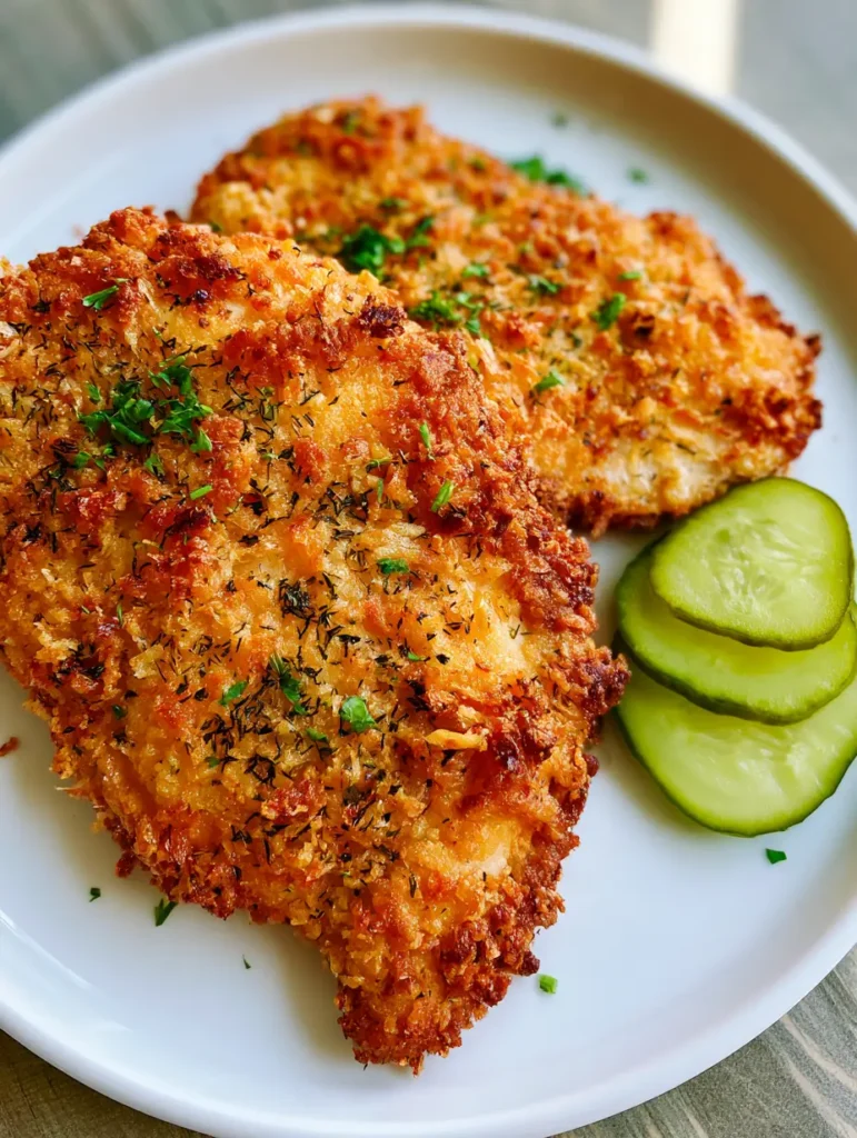 Smashed view of Dill Pickle Parmesan Chicken showing the crunchy texture and fresh parsley garnish.