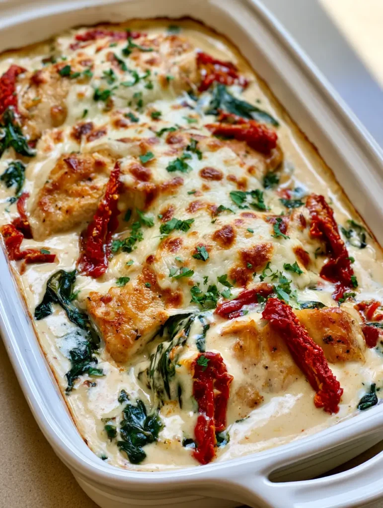 Baked Tuscan Chicken Casserole: The Ultimate Creamy Mediterranean Comfort Dish 2 A handheld smartphone photo of a Baked Tuscan Chicken Casserole in a rectangular white ceramic dish with seared chicken and bubbling mozzarella.