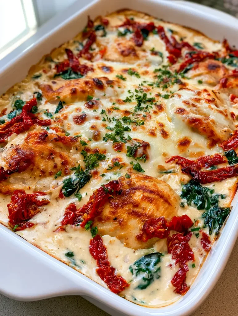 Baked Tuscan Chicken Casserole: The Ultimate Creamy Mediterranean Comfort Dish 1 Close-up of the bubbling melted mozzarella cheese with charred spots on top of the Baked Tuscan Chicken Casserole.