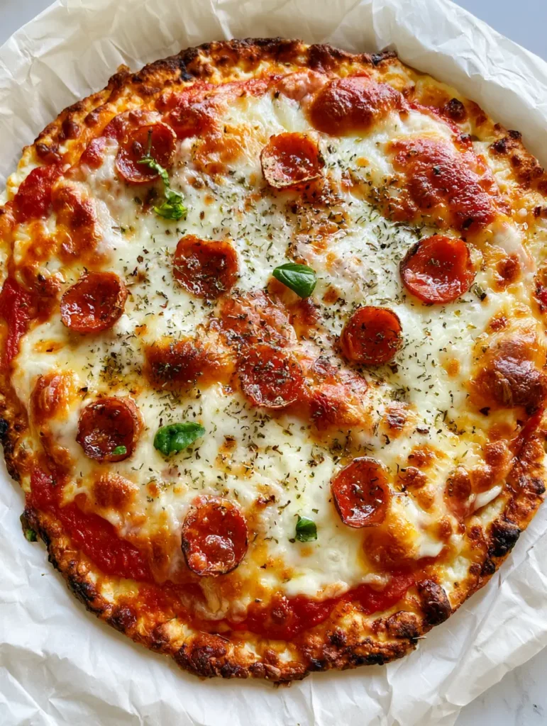 Cottage Cheese Pizza Crust: The Ultimate Crispy, High-Protein Guide 1 Top-down view of a Cottage Cheese Pizza Crust on crumpled white parchment paper with crispy pepperoni.