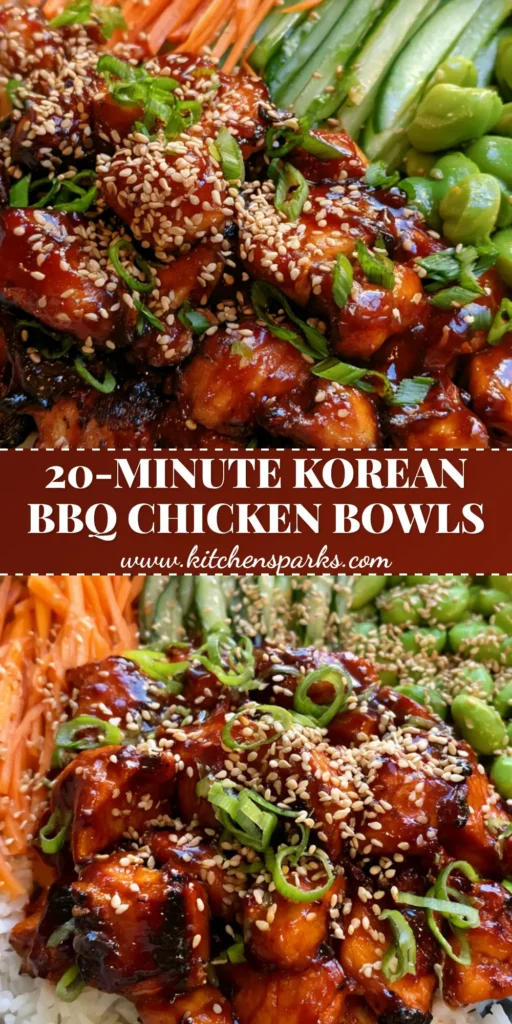 Korean BBQ Chicken Bowls with Glossy Gochujang Glaze and Fresh Veggies 4 A top-down view of Korean BBQ Chicken Bowls featuring glossy reddish-brown chicken, jasmine rice, edamame, and julienned carrots in a matte ceramic bowl.