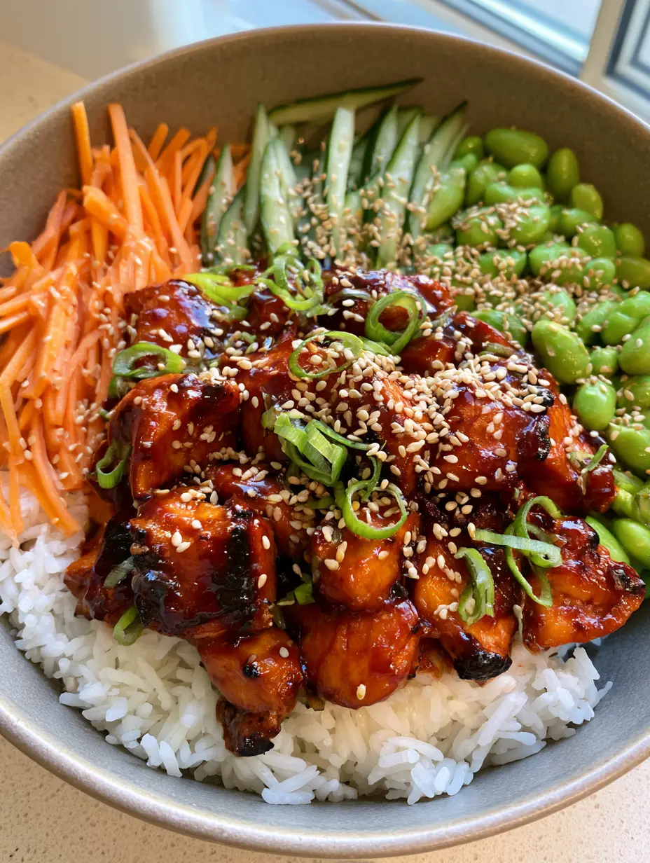 Korean BBQ Chicken Bowls with Glossy Gochujang Glaze and Fresh Veggies 3 Smartphone photo of Korean BBQ Chicken Bowls showing the thick glossy glaze and vibrant vegetable sections.