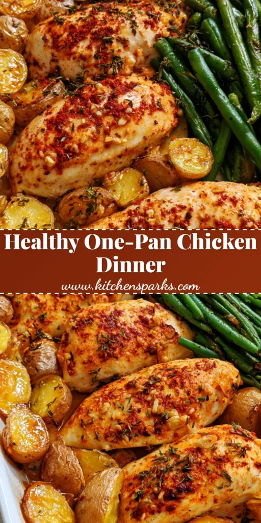 A rustic white ceramic dish filled with golden-brown Herb-Baked Chicken, charred green beans, and glistening halved baby potatoes.