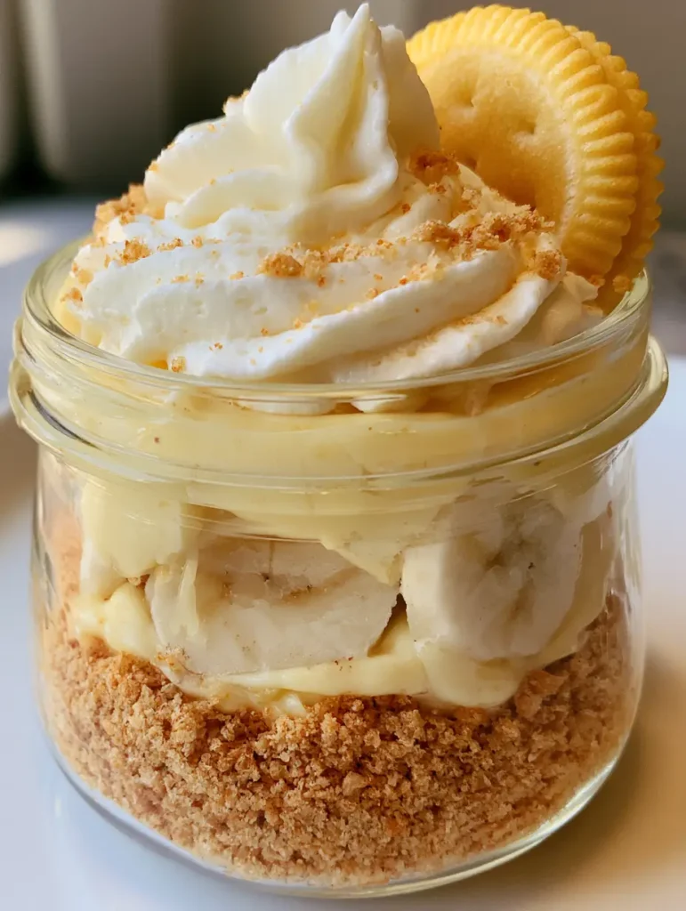 Side view of the banana pudding cheesecake jar showing the golden-brown crust and fresh white banana rounds pressed against the glass.