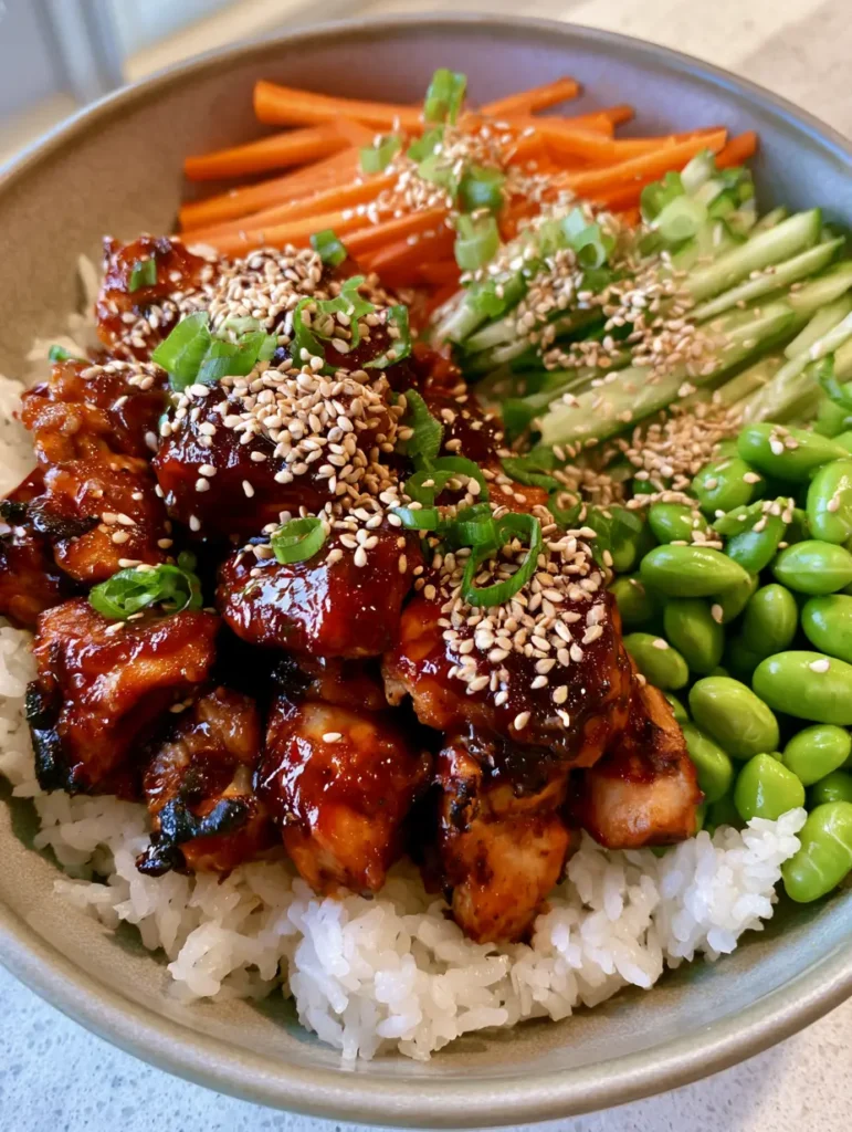 Korean BBQ Chicken Bowls with Glossy Gochujang Glaze and Fresh Veggies 1 Top-down aesthetic photo of Korean BBQ Chicken Bowls with edamame, carrots, and sesame seed garnish.