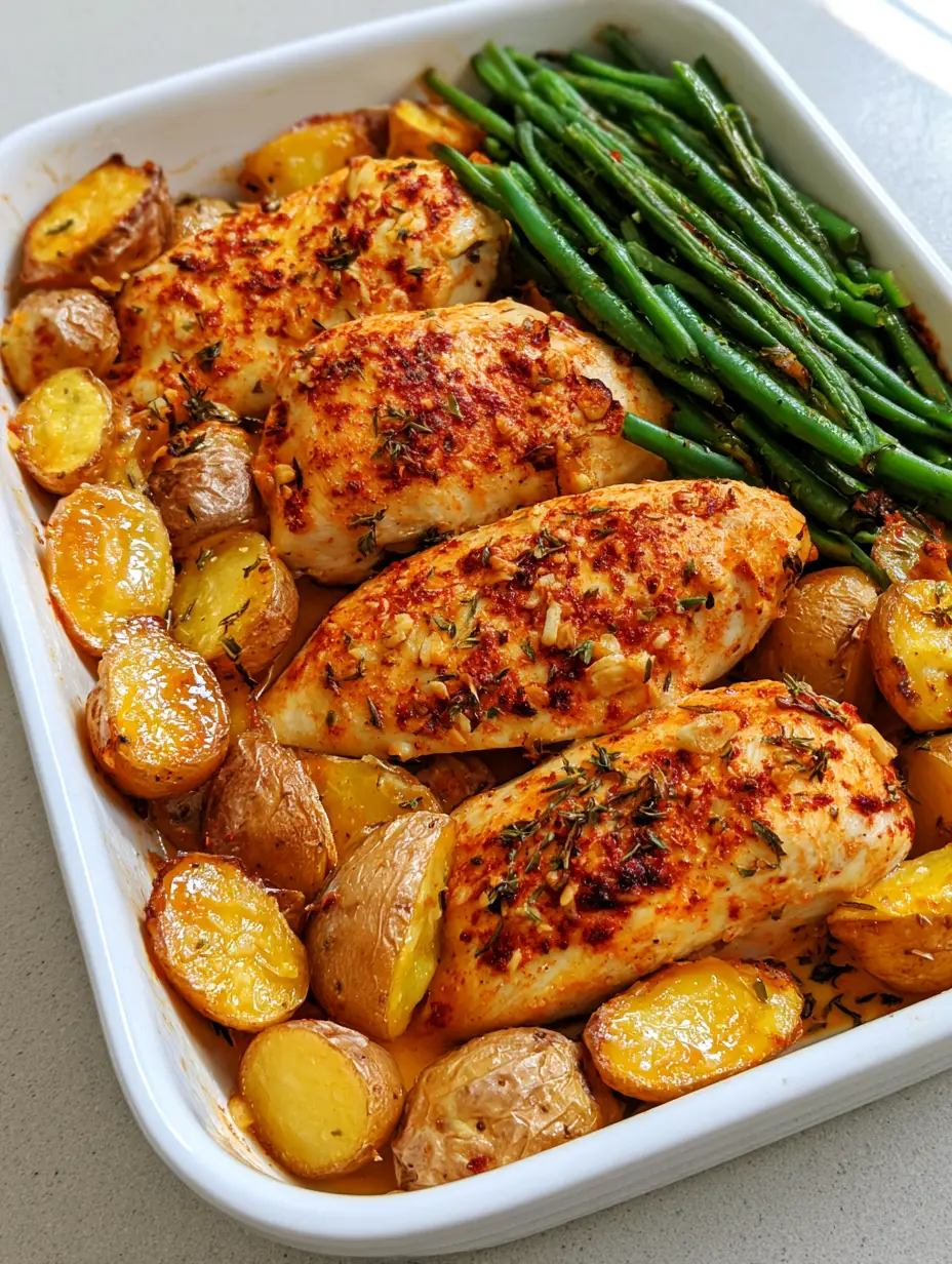 Close-up of Herb-Baked Chicken breast with a visible red smoked paprika and garlic coating.