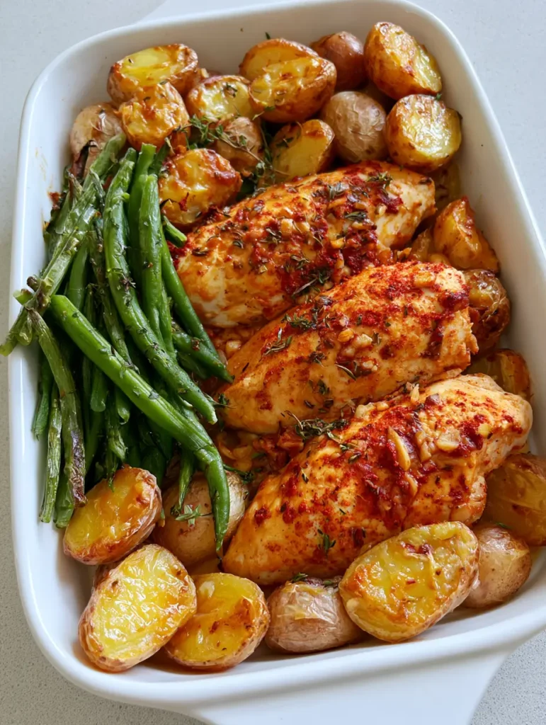 Rustic white ceramic baking dish containing roasted baby potatoes and Herb-Baked Chicken on a grey countertop.