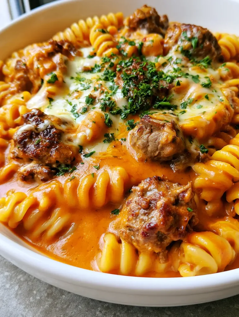 High Protein Beef Pasta with Creamy Tomato Mozzarella Sauce 2 Close up of al dente fusilli with seared ground beef and glossy orange sauce. (high protein beef pasta)