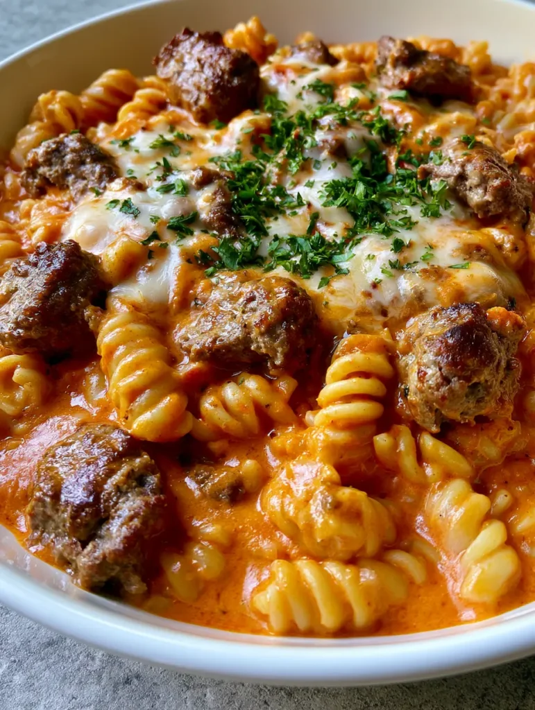 High Protein Beef Pasta with Creamy Tomato Mozzarella Sauce 1 A white ceramic bowl filled with creamy beef pasta and melted mozzarella garnish.