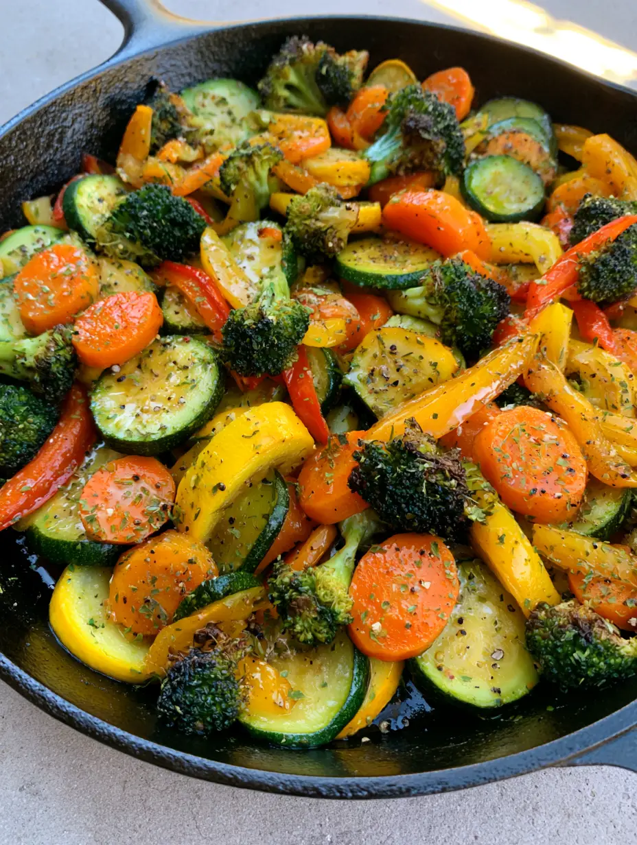 Sautéed Vegetables: The Ultimate Guide to a Perfect Cast Iron Medley 3 Close up of Sautéed Vegetables in a cast iron skillet showing charred broccoli florets and zucchini rounds.