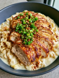 Close-up of golden seared chicken breast slices on top of creamy garlic ramen noodles. (Creamy Garlic Chicken Ramen)