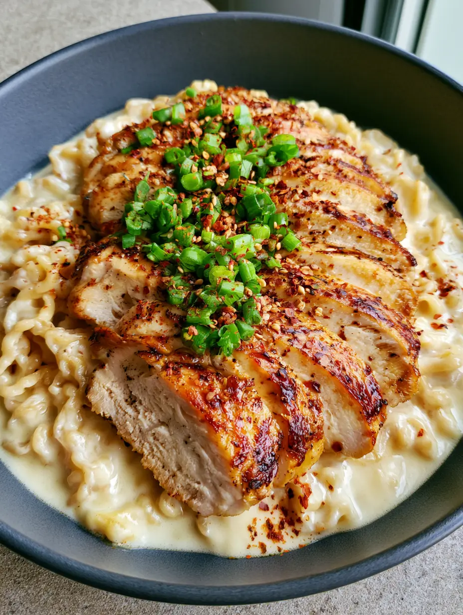 Close-up of golden seared chicken breast slices on top of creamy garlic ramen noodles. (Creamy Garlic Chicken Ramen)