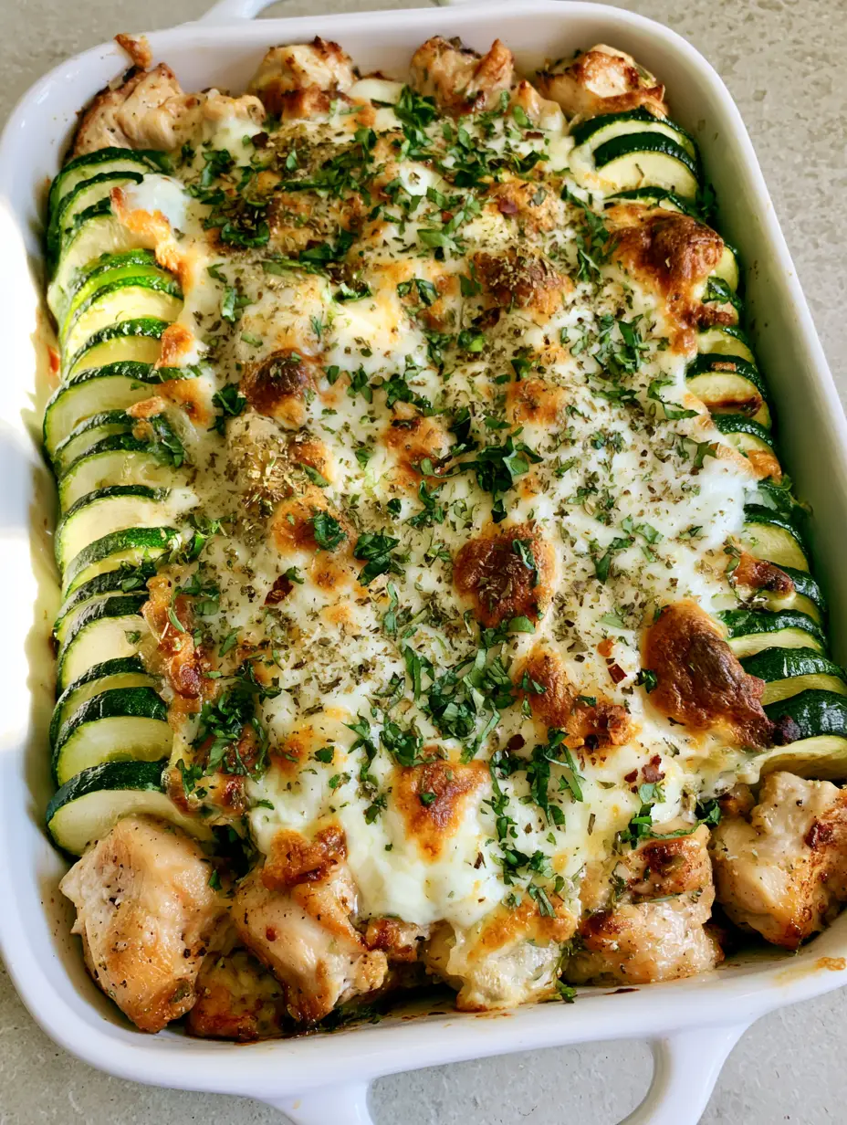 Smartphone photo of a Chicken Zucchini Bake showing overlapping zucchini slices and melted cheese with toasted brown spots in a white dish.