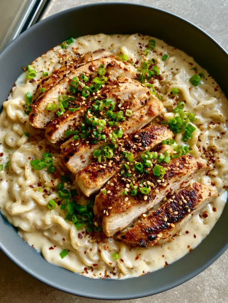 Top-down handheld photo of Creamy Garlic Chicken Ramen garnished with green onions and chili flakes.