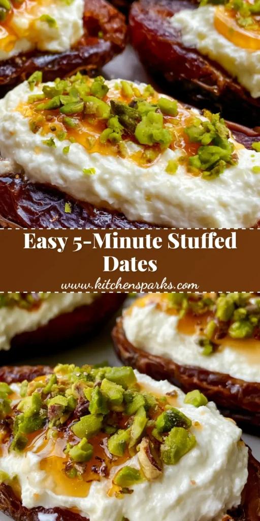 A handheld close-up of Honey Pistachio Ricotta Stuffed Dates, featuring wrinkled brown Medjool dates filled with smooth white ricotta and topped with green pistachios. (Honey Pistachio Ricotta Stuffed Dates)