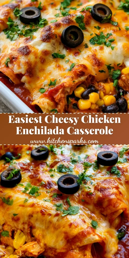 Chicken Enchilada Casserole: The Ultimate Cheesy Layered Tex-Mex Comfort Food 3 A close-up shot of a cheesy Chicken Enchilada Casserole in a white ceramic dish featuring molten Monterey Jack and cheddar cheese with golden-brown spots, garnished with olives and cilantro.
