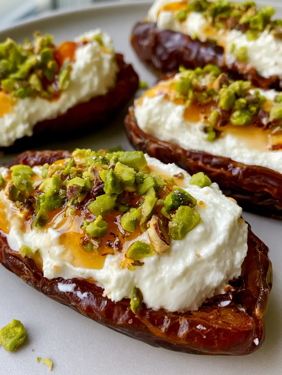 A top-down authentic handheld photo of Medjool dates stuffed with smooth white ricotta and bright green pistachios. (Honey Pistachio Ricotta Stuffed Dates)