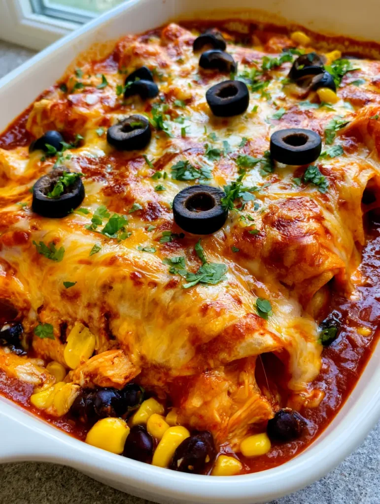 Chicken Enchilada Casserole: The Ultimate Cheesy Layered Tex-Mex Comfort Food 2 Close-up angled shot of Chicken Enchilada Casserole showing layers of shredded chicken, black beans, corn, and tortillas under a thick layer of melted cheese.